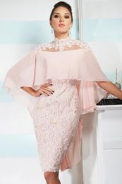 Sexy Mother Off Bride Dresses High Neck Pink Chiffon Lace Applique Beaded With Cape Custom Sheer Back Wedding Plus Size Mothers Dress