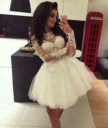 formal white cocktail dress Canada - Simple Cocktail Dresses 2018 Jewel White Tulle Illusion Long Sleeve Lace Applique Short Mini A Line Party Graduation Formal Homecoming Gowns