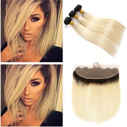 Two Tone 1B 613 Ombre Brazilian Straight Virgin Hair Bundles With Lace Frontal Dark Roots Blonde Human Hair Weaves With Lace Closure