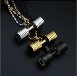 Hip Hop Rock Stainless Steel Gym Fitness Necklace Heavy Barbell Dumbbell Pendants Necklaces for Men Sports Jewellery