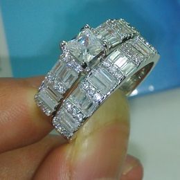 Princess cut Diamonique Cz White gold filled Engagement wedding band ring set for women men christmas gift Size 5-10