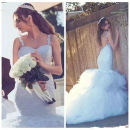 Trendy Spaghetti Straps Lace Mermaid Wedding Dresses Backless Tiers African Plus Size Arabia Bridal Gown Train Church Bride Dress Custom