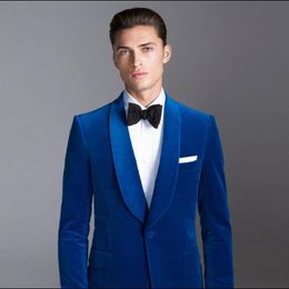 Autumn Winter Fashion Royal Blue Velvet Groom Tuxedos Shawl Lapel One Button Men Wedding Tuxedos Men Prom Dinner Suit(Jacket+Pants+Tie) 1932