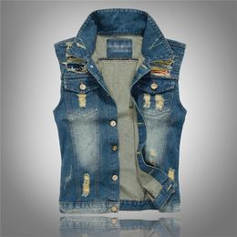 Korean Slim Denim Vest Men's Cowboy Vest Waistcoat Casual Jackets Coats Sleeveless Ripped Holes 2018 Large Size M-5XL