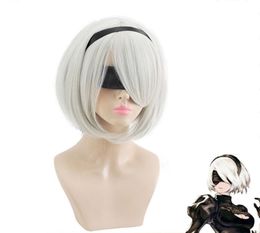 NieR:Automata 2B YoRHa No.2 Type B Heroine Silver White Bobo Cosplay Wig+Wig Cap