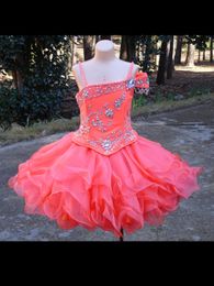 Cute Coral Unique Neck Girls Pageant Dresses Infant With Sleeves Ruffled Organza Ball Gowns Party Prom Formal Dress For Girls Kids Beaded