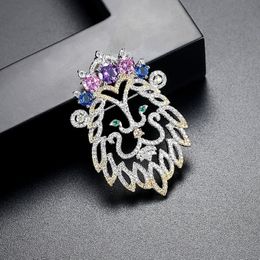 Europe and America Hotsale Fashion Men Women Suit Lapel Pin White Gold Plated CZ King Lion Brooch Pins for Party Wedding