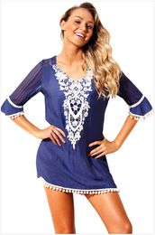 S M L XL XXL Women Boho Dress Vintage Blue Crochet Pom Pom Trim Beach Wear Tunic Robe de Plage Vestidos Sundress DLM42231