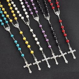 Silver Plated Cross Crucifix Pendant Necklace For Women Men 28 Inch With Imitation Pearls Rosary Beads Chain Necklace