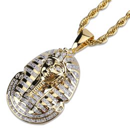 Hip Hop Men Women Iced Out Gold Color Plated Micro Pave Zircon Egyptian Pharaoh Pendant Charm Necklace