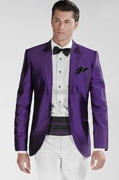 Brand New Purple Satin 2 Piece Suit Men Wedding Tuxdos High Quality Groom Tuxedos With Black Peak Lapel Men Blazer(Jacket+Pants+Tie) 1213
