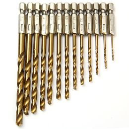 Freeshipping High Precision 13Pcs/lot 1.5mm - 6.5mm Titanium Coated HSS Drill Bit Set 0.25 inch Hex Shank High Speed Steel Drilling Sets