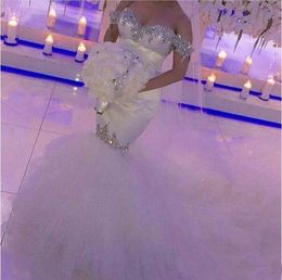 Cheap Sexy Mermaid Wedding Dresses Bling Crystal Beading Off Shoulder Court Train Tulle Custom Plus Size Formal Bridal Gowns