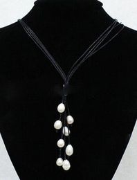 New Fashion Black Leather Rope & White Freshwater Pearl Necklace 20'' Long