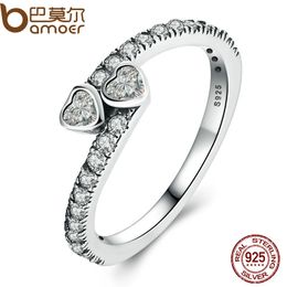 BAMOER Genuine 925 Sterling Silver Forever Hearts, Clear CZ Finger Ring Women Wedding Jewellery PA7614 S18101608