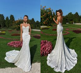 Sexy Mermaid Wedding Dresses Spaghetti Lace Appliques Beaded Sweep Train Backless Country Garden Bridal Gowns Long Plus Size Wedding Dress