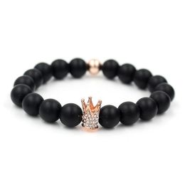 Micro Pave Crystal Rose Gold Colour 10MM King Crown Charm Bracelet Men Dull Polish Black Matte Stone Bead Bracelet