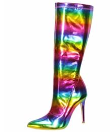 2018 Multi color women rainbow boots thin heel point toe booties sexy half boots mix color high heel fashion mujer botas