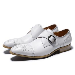 Genuine Cow Leather Men Monk Strap Wedding Dress Shoes White Pointed Cap Toe Male Party Footwear 39-45 #E7185-17