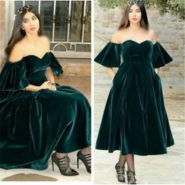 Modest Velvet Prom Dresses Short Sleeve Sweetheart Hunter African Tea Length Formal Party Evening Dresses Gowns Guest Wear Robe De Soiree