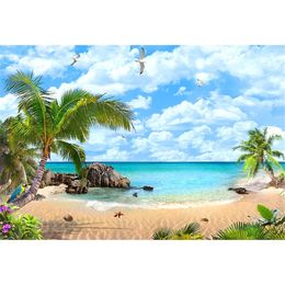 Seaside Scenic Photography Backdrop Palm Trees Blue Sky Seagull Summer Holiday Beach Themed Wedding Party Photo Booth Background