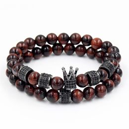 Cool Lovers Gold Wheel Natural Red Tiger Eye Stone Bead Link Bracelets with Crown Charm