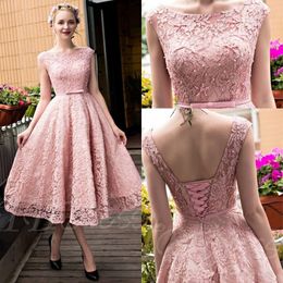 New Blush Pink Elegant Tea Length Full Lace Prom Dresses Bateau Neck Cap Sleeves Corset Back Pearls A-line Party Gowns with Bow