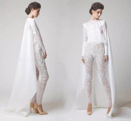 Sexy White Evening Dresses Jumpsuits Two Pieces Chiffon Lace Pearl See Through Long Sleeves Elio Abou Fayssal Party Prom Dress With Jacket