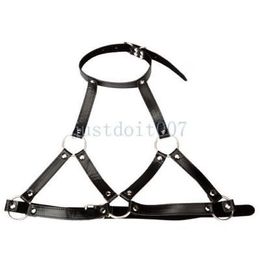 Women Sexy Faux Bondage Leather Open Cup Cupless Chest Bra Top Body Harness Collar strap #R56