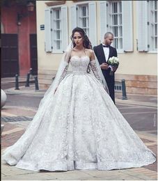 2019 White Lace Ball Gown Wedding Dresses Saudi Arabia Muslim Long Sleeves Mariage Satin Wedding Gowns