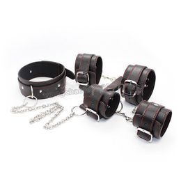 Bondage New Set Leather Restraints Wrist HandCuffs Ankle Neck Collar Leash Cuffs Shackle #R87