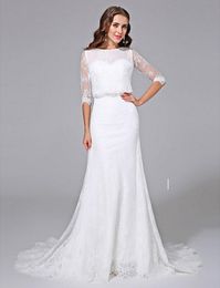 High Quality Elegant New Illusion Bodice Vintage Mermaid Beach Wedding Dresses Jewel Chapel Train Full Lace Bridal Gowns with Beading