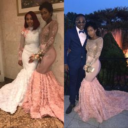 -Скромный розовый пара африканских длинные рукава платья выпускного вечера 2K18 3D цветочные аппликации Sheer вечерние платья 2K18