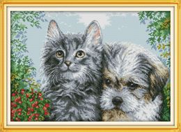 Lovely Kitten and puppy animal home decor paintings ,Handmade Cross Stitch Craft Tools Embroidery Needlework sets counted print on canvas DMC 14CT /11CT