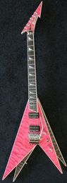 Jack Son Ed Roman Vinnie Vincent Black Pink Flying V Electric Guitar Quilted Maple Top, Sparkle Siver Side & Back, Floyd Rose Tremolo, Locking Nut