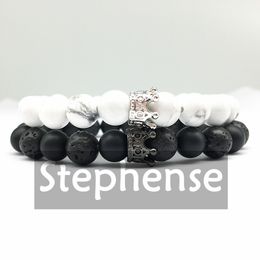 CZ0016 2018 Designer Sweetheart Couple Bracelet Queen Crown Charm Bracelet Natural Howlite Black Onyx Bracelet Free Shipping