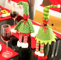 Wine Bottle Covers Red Stripe Dot Wine Bottle Cover Bags Hat Dress Set Christmas Dinner Table Decoration Wholesale