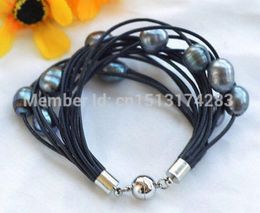 Free Shipping>>>15row 8" 13mm peacock rice freshwater pearl black leather Bracelet