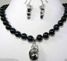 Fashion beautiful 10mm black Natural dragon earring pendant Necklace set NEW -Bride jewelry free shipping