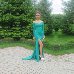 Elegant Long Turquoise Dresses Long Sleeve Sweetheart Off Shoulder Evening Gowns Side Split Sweep Train Prom Dresses Cheap High Quality