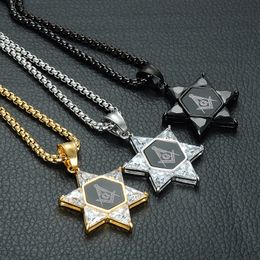 Popular designs men's freemason signet Hexagram Star Of David pendant 316 stainless steel masonic necklace Jewellery with black stone