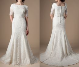 Mermaid Lace Modest Wedding Dresses With Half SLeeves Vintage Country Western LDS Bridal Gowns Simple Religious Wedding Gowns Custom