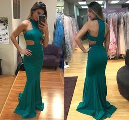 Sexy Mermaid Evening Dresses Halter Cut Out Satin Floor Length Dark Green Party Dresses Simple Prom Dresses Free Shipping