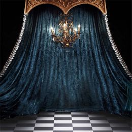 8x12ft Steel Blue Curtain Drape Wedding Photo Background Indoor Chandelier  Candles White Black Tiled Floors Studio Backdrops Photography