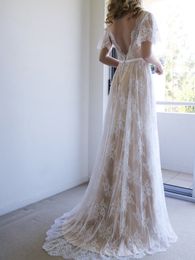 Romantic Champagne V-Neck Short Sleeve Wedding Dresses Appliques Lace Backless Sash Long Wedding Dress vestido de noiva
