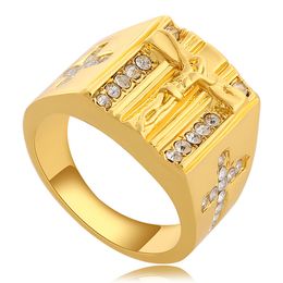 Wholesale New Christian Jesus Ring with Crystal Religious Gold Plated Cross Ring Men's Hip Hop Simulated Diamonds Ring for Free Shipping