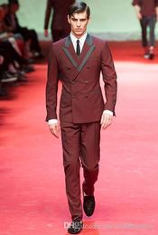 2018 Men Suits Burgundy Wine Red Double Breasted Wedding Suits Bridegroom Evening Dress Prom Custom Made Slim Fit Tuxedos Best Man 2Piece