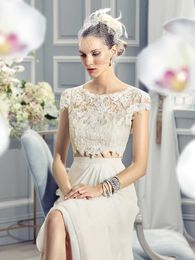 Cheap Chiffon Lace Bohemian Country 2 Piece Wedding Dresses Boat Neck Cap Sleeve Floor Length Applique Designer Bridal Gowns uk 2018 vintage