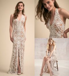 BHLDN 2018 Wedding Dress Mermaid High Split Front Halter Sheer Neck Vestidos De Novia Lace Applique Backless Bridal Gowns