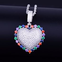 Colourful Heart Pendant Necklace With Cuban Chain Gold Silver Colour Cubic Zircon Men's Women Hip hop Jewellery For Love Gift